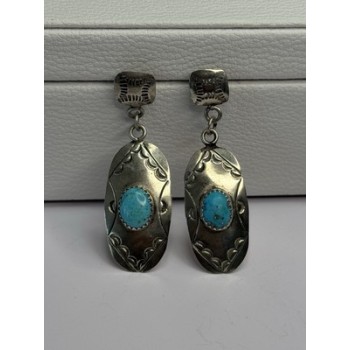 Vintage Native American 925 Sterling Turquoise Silver Earrings Length 1.90 Inch
