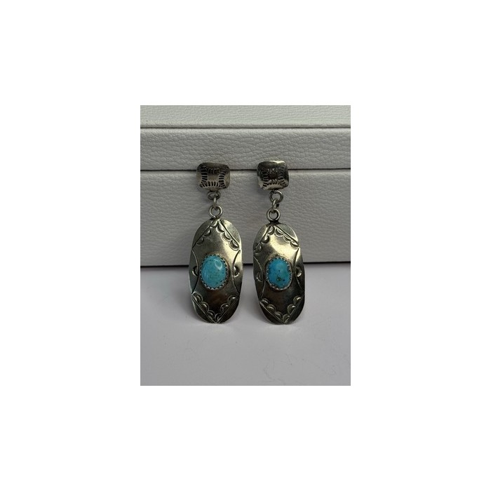Vintage Native American 925 Sterling Turquoise Silver Earrings Length 1.90 Inch