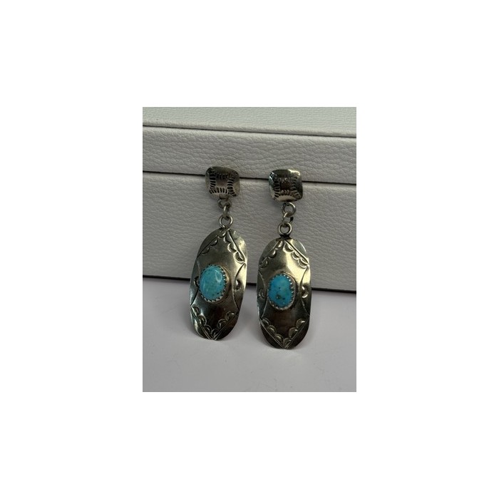 Vintage Native American 925 Sterling Turquoise Silver Earrings Length 1.90 Inch