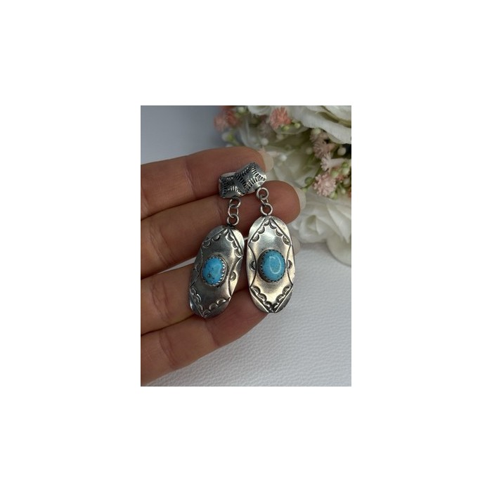 Vintage Native American 925 Sterling Turquoise Silver Earrings Length 1.90 Inch