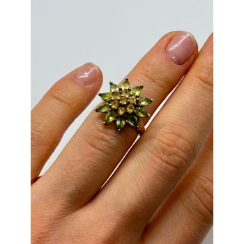 925 Sterling Silver Peridot & Citrine Flower Ring Size 4.5