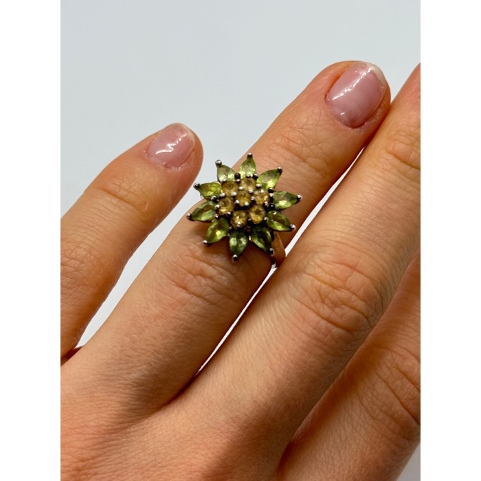 925 Sterling Silver Peridot & Citrine Flower Ring Size 4.5