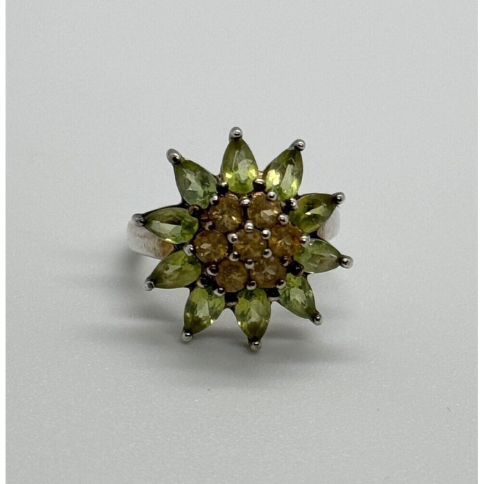 925 Sterling Silver Peridot & Citrine Flower Ring Size 4.5