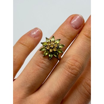 925 Sterling Silver Peridot & Citrine Flower Ring Size 4.5