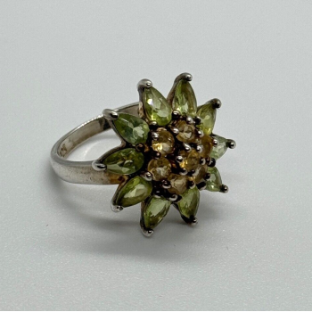 925 Sterling Silver Peridot & Citrine Flower Ring Size 4.5