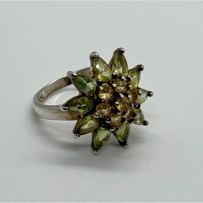 925 Sterling Silver Peridot & Citrine Flower Ring Size 4.5