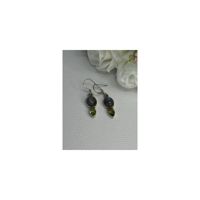 925 Sterling Silver Peridot & Moonstone Earrings Length 1.40 Inch