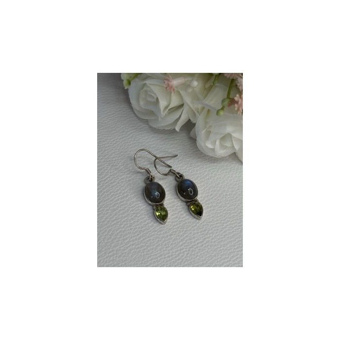 925 Sterling Silver Peridot & Moonstone Earrings Length 1.40 Inch