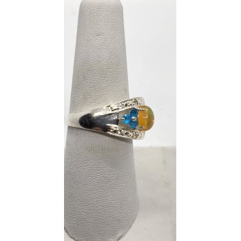 925 Sterling Silver With Opal, White Beryl (goshenite) & Zircon Ring Size 8