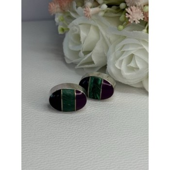 Vintage 925 Sterling Silver Onyx Malachite Agate Earrings Length 0.75 Inch