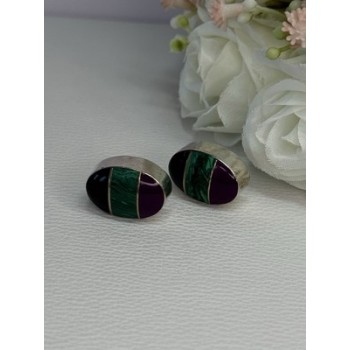 Vintage 925 Sterling Silver Onyx Malachite Agate Earrings Length 0.75 Inch