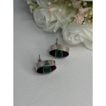 Vintage 925 Sterling Silver Onyx Malachite Agate Earrings Length 0.75 Inch