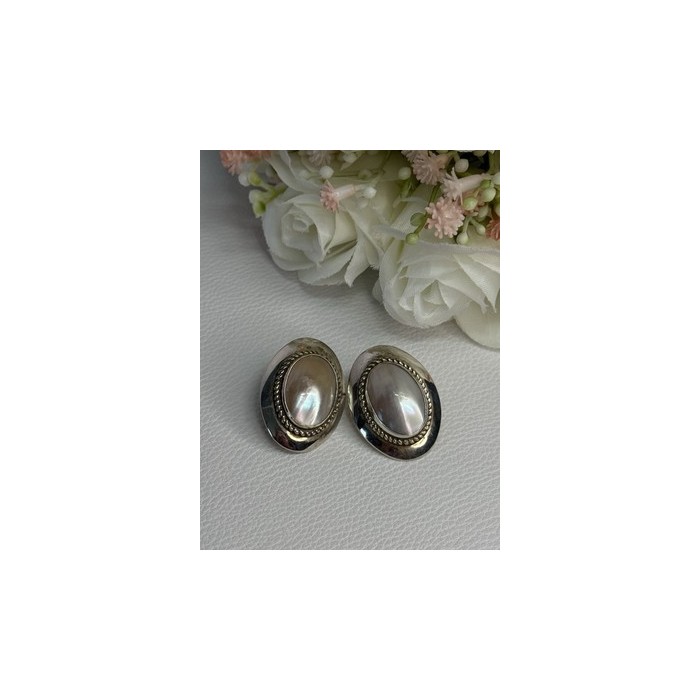 VINTAGE 925 STERLING SILVER MABE PEARL EARRINGS LENGTH 1.15 INCH