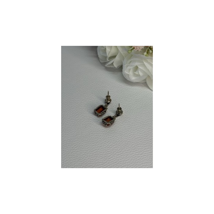 925 Sterling Silver Amber Earrings Length 0.85 Inch