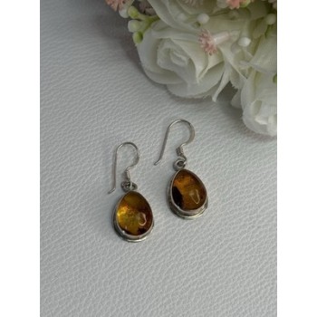 925 Sterling Silver Amber Earrings Length 1.30 Inch