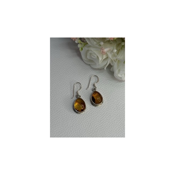 925 Sterling Silver Amber Earrings Length 1.30 Inch
