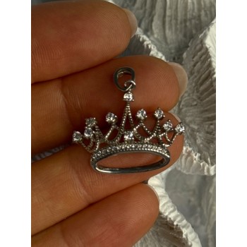 925 Sterling Silver Crown Diamonds Pendant Length 1 Inch