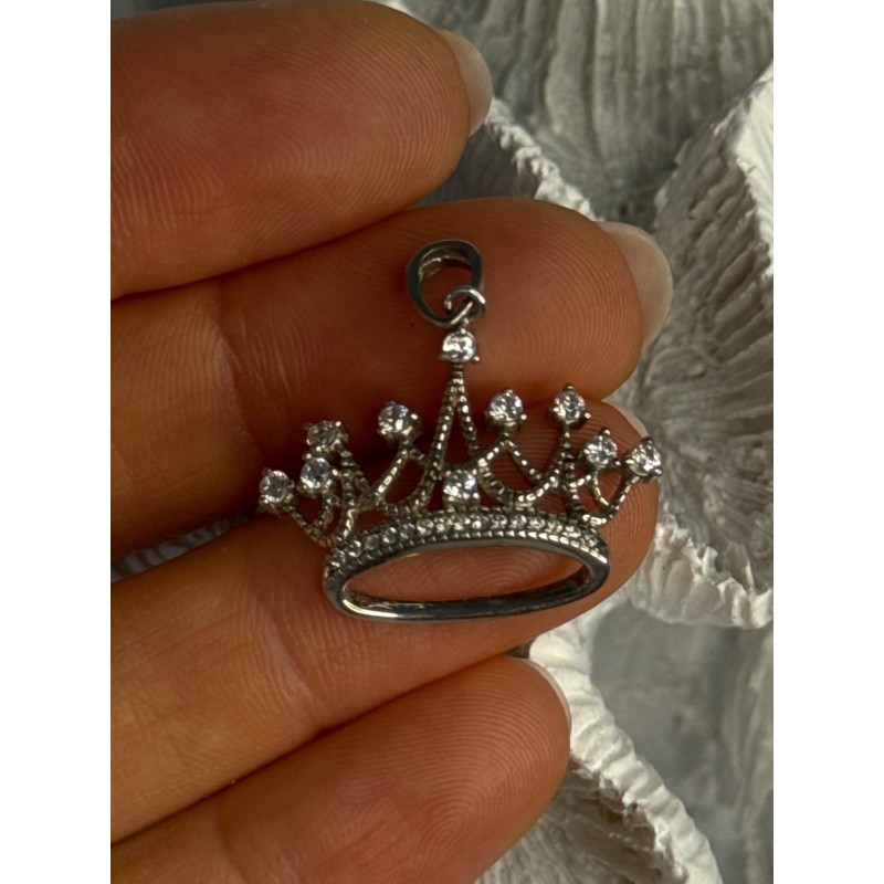 925 Sterling Silver Crown Diamonds Pendant Length 1 Inch