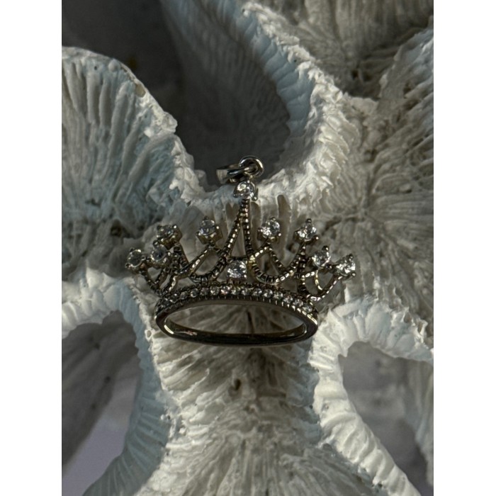 925 Sterling Silver Crown Diamonds Pendant Length 1 Inch