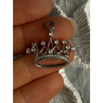 925 Sterling Silver Crown Diamonds Pendant Length 1 Inch