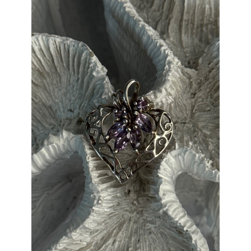 925 Sterling Silver Amethyst Heart Pendant Length 1 Inch