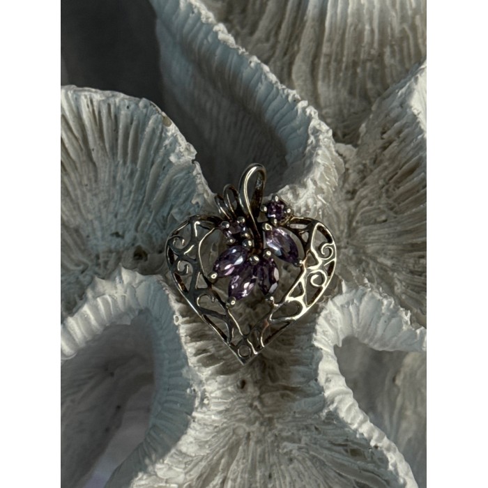 925 Sterling Silver Amethyst Heart Pendant Length 1 Inch