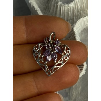 925 Sterling Silver Amethyst Heart Pendant Length 1 Inch