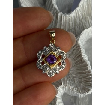 925 Sterling Silver Gold Plated Amethyst Pendant Length 1 Inch