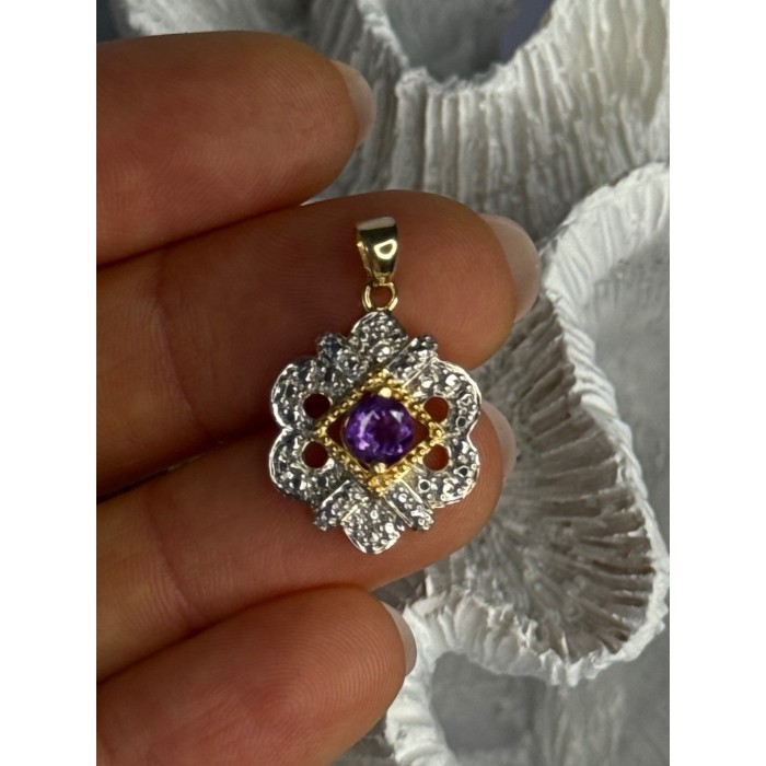 925 Sterling Silver Gold Plated Amethyst Pendant Length 1 Inch