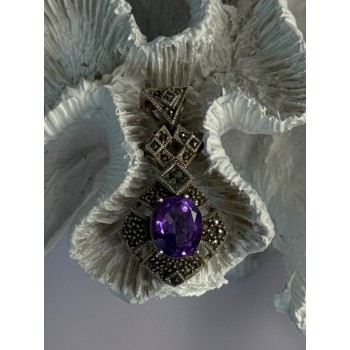 925 Sterling Silver Amethyst & Marcasite Pendant Length 1.50 Inch