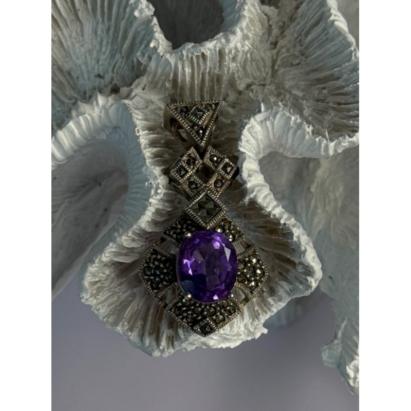 925 Sterling Silver Amethyst & Marcasite Pendant Length 1.50 Inch