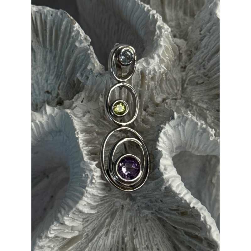 925 Sterling Silver Amethyst & Peridot & Topaz Pendant Length 1.30 Inch