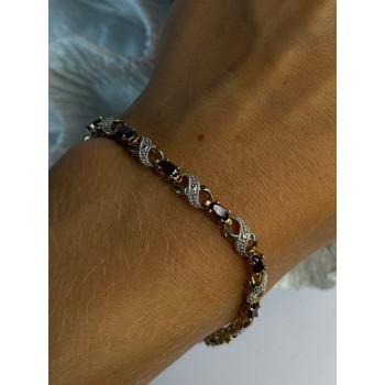 925 Sterling Silver Gold Plated Garnet Bracelet Length 7.5