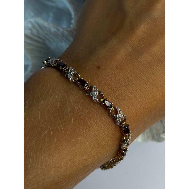 925 Sterling Silver Gold Plated Garnet Bracelet Length 7.5