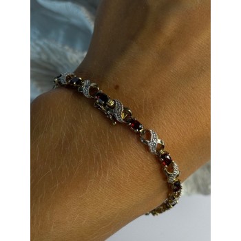 925 Sterling Silver Gold Plated Garnet Bracelet Length 7.5
