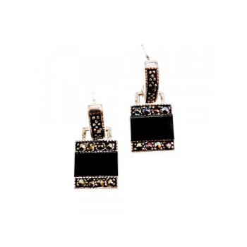 925 STERLING SILVER BLACK NEPHRITE & MARCASITES EARRINGS