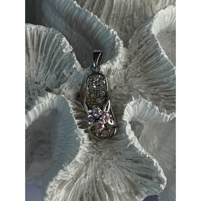 Ws 925 Sterling Silver Flip Flop Sandal Pink & White CZ Pendant Length 1.30 Inch