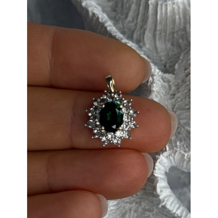 925 Sterling Silver Gold Plated Emerald & Beryl Pendant Length 0.80 Inch