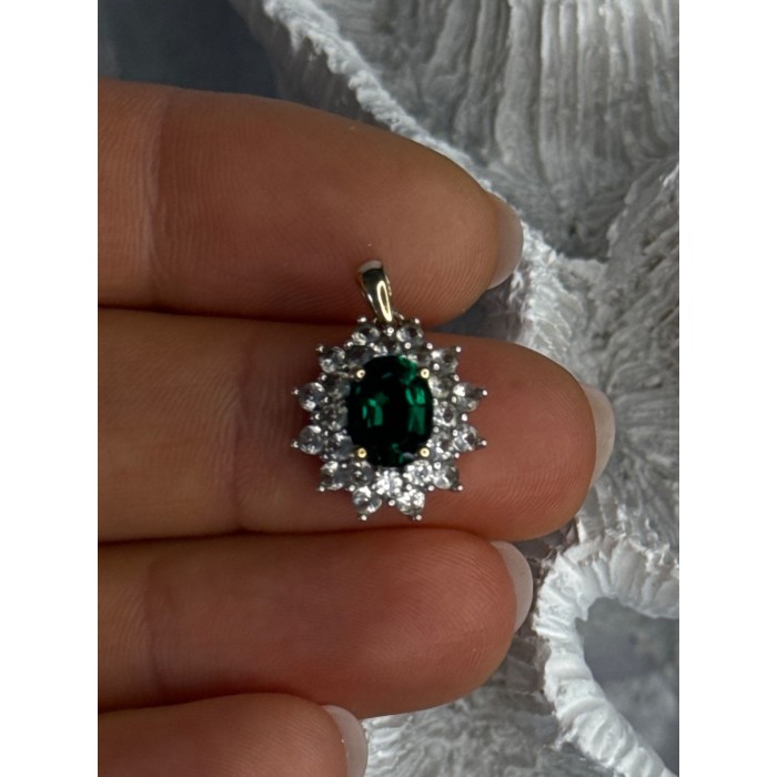 925 Sterling Silver Gold Plated Emerald & Beryl Pendant Length 0.80 Inch