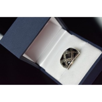 925 Sterling Silver Black Nephrite & Marcasites Ring Size 8