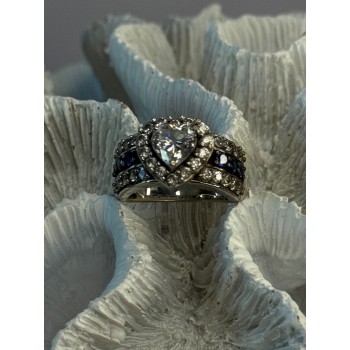 925 Sterling Silver Beryl & Sapphire Heart Ring Size 6
