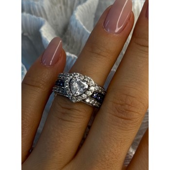 925 Sterling Silver Beryl & Sapphire Heart Ring Size 6