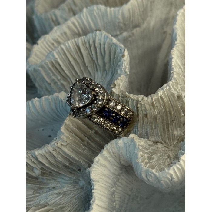 925 Sterling Silver Beryl & Sapphire Heart Ring Size 6