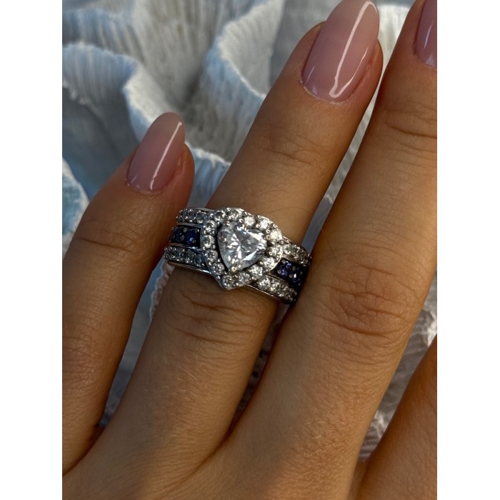 925 Sterling Silver Beryl & Sapphire Heart Ring Size 6