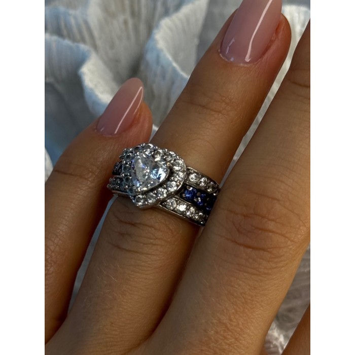 925 Sterling Silver Beryl & Sapphire Heart Ring Size 6