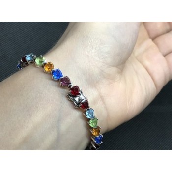 925 Sterling Silver Multicolor CZ Bracelet 7 In