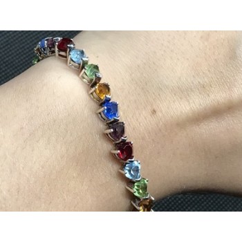 925 Sterling Silver Multicolor CZ Bracelet 7 In