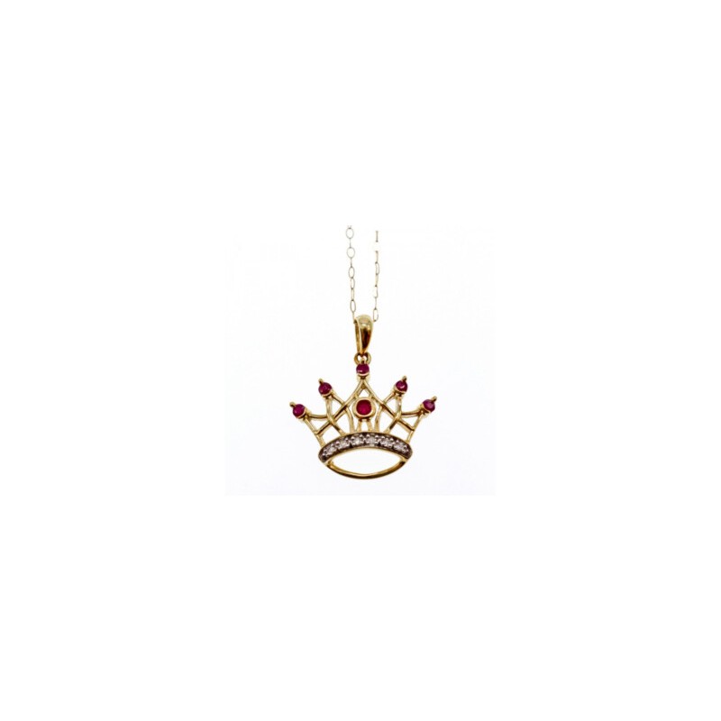 10K YELLOW GOLD RUBIES & DIAMONDS CROWN CHAIN WITH PENDANT