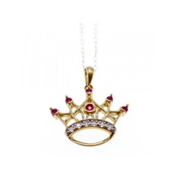 10K YELLOW GOLD RUBIES & DIAMONDS CROWN CHAIN WITH PENDANT