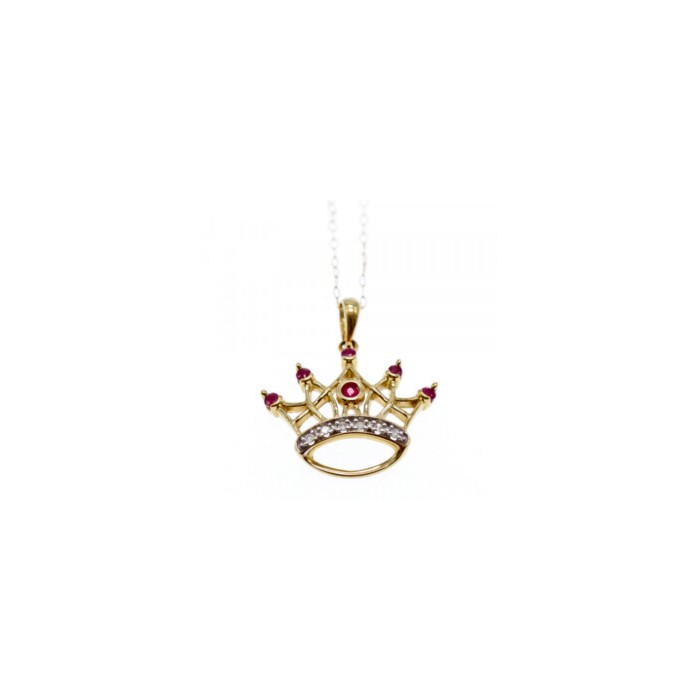 10K YELLOW GOLD RUBIES & DIAMONDS CROWN CHAIN WITH PENDANT